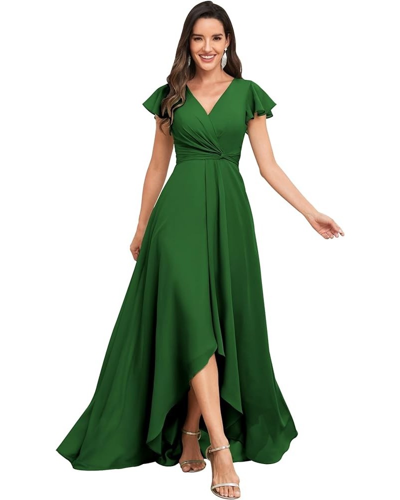 High Low Short Sleeve Bridesmaid Dresses for Women Long Chiffon Pleated V Neck Prom Formal Evening Dress Emerald Green $29.14...