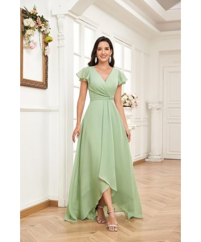 High Low Short Sleeve Bridesmaid Dresses for Women Long Chiffon Pleated V Neck Prom Formal Evening Dress Emerald Green $29.14...