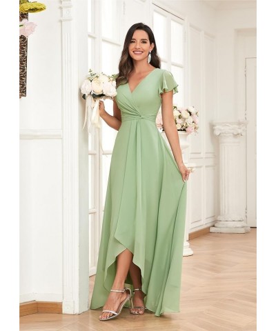 High Low Short Sleeve Bridesmaid Dresses for Women Long Chiffon Pleated V Neck Prom Formal Evening Dress Emerald Green $29.14...