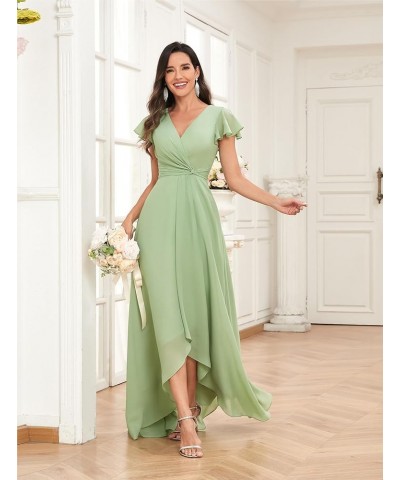 High Low Short Sleeve Bridesmaid Dresses for Women Long Chiffon Pleated V Neck Prom Formal Evening Dress Emerald Green $29.14...