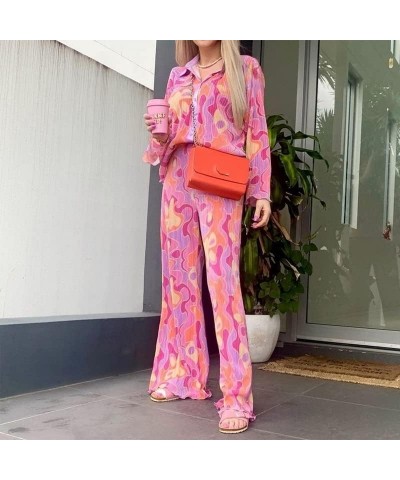 Women Two Pieces Muse Pants Suits Long Sleeve Button Down Shirt Wide Leg Casual Pants 90s Solid Blossom Streetwear Floral Pin...