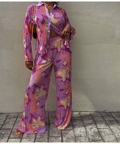 Women Two Pieces Muse Pants Suits Long Sleeve Button Down Shirt Wide Leg Casual Pants 90s Solid Blossom Streetwear Floral Pin...