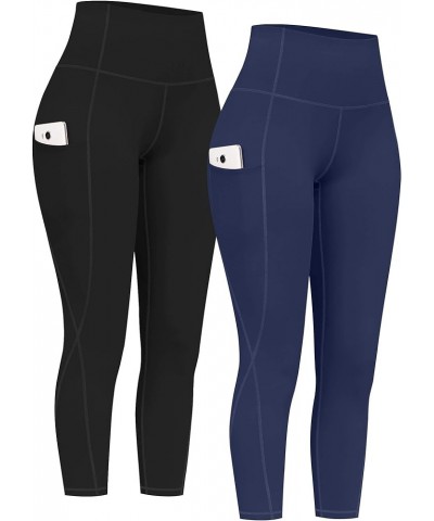 2 Pack High Waist Yoga Pants with Pockets, Tummy Control Leggings, Workout 4 Way Stretch Yoga Leggings Capris (Black+navy) $1...