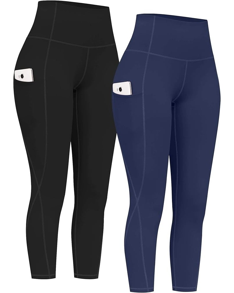 2 Pack High Waist Yoga Pants with Pockets, Tummy Control Leggings, Workout 4 Way Stretch Yoga Leggings Capris (Black+navy) $1...