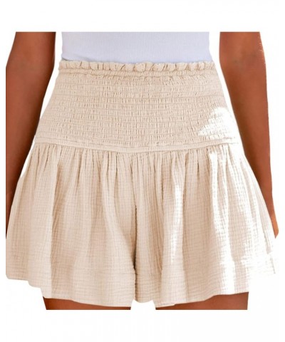 Womens Shorts Cotton High Elastic Waisted Pleated Ruffle Cute Shorts Beach Flowy Casual Shorts S-XXL Beige $10.43 Shorts