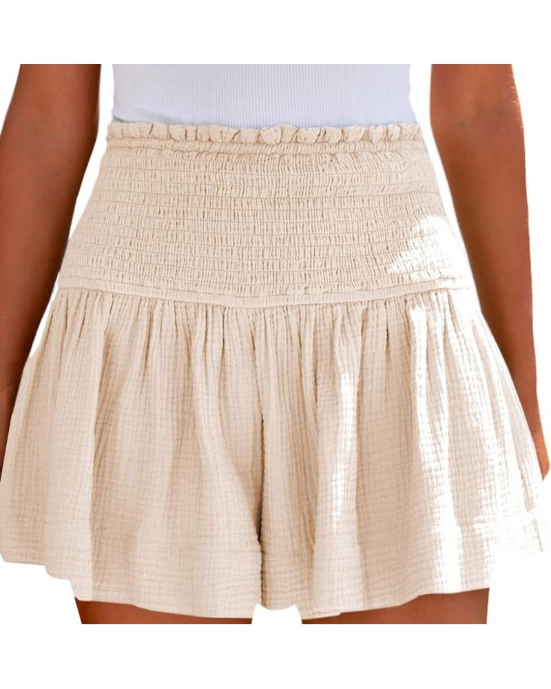 Womens Shorts Cotton High Elastic Waisted Pleated Ruffle Cute Shorts Beach Flowy Casual Shorts S-XXL Beige $10.43 Shorts