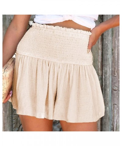 Womens Shorts Cotton High Elastic Waisted Pleated Ruffle Cute Shorts Beach Flowy Casual Shorts S-XXL Beige $10.43 Shorts