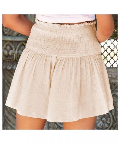 Womens Shorts Cotton High Elastic Waisted Pleated Ruffle Cute Shorts Beach Flowy Casual Shorts S-XXL Beige $10.43 Shorts