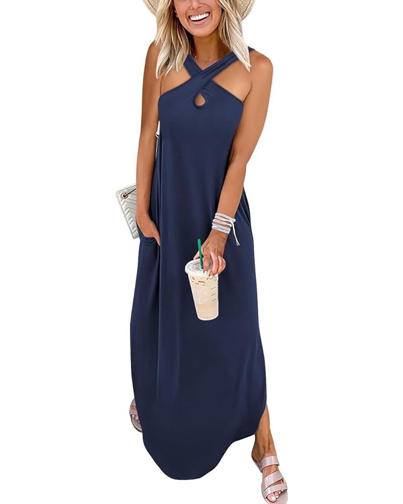 Women’s Casual Summer Maxi Dress Criss Cross Slit Side Sleeveless Loose Beach Long Sundress with Pockets Navy Blue $16.77 Dre...