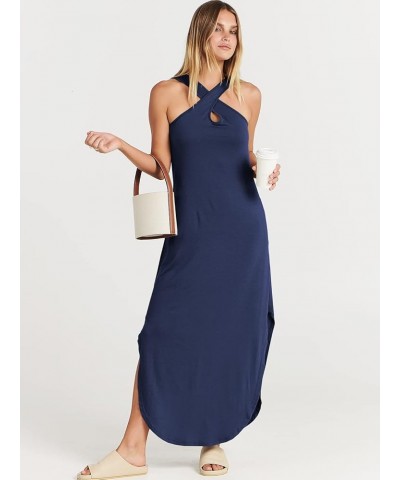 Women’s Casual Summer Maxi Dress Criss Cross Slit Side Sleeveless Loose Beach Long Sundress with Pockets Navy Blue $16.77 Dre...