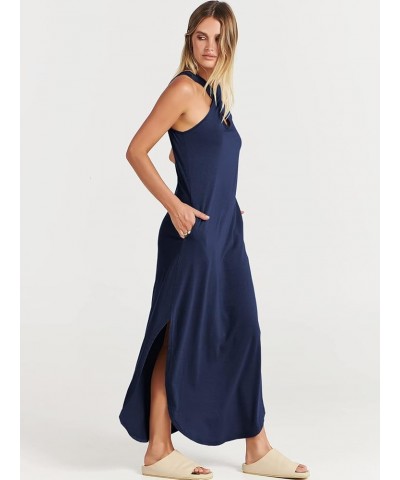 Women’s Casual Summer Maxi Dress Criss Cross Slit Side Sleeveless Loose Beach Long Sundress with Pockets Navy Blue $16.77 Dre...