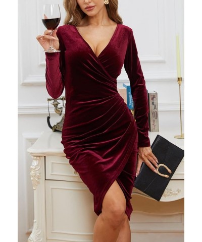 Women's Wrap V Neck Split Velvet Dress Long Sleeve Bodycon Ruched Cocktail Party Midi Dresses Wine Red $24.40 Dresses