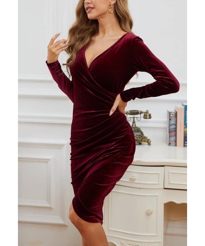 Women's Wrap V Neck Split Velvet Dress Long Sleeve Bodycon Ruched Cocktail Party Midi Dresses Wine Red $24.40 Dresses