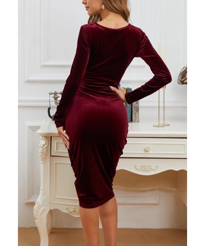 Women's Wrap V Neck Split Velvet Dress Long Sleeve Bodycon Ruched Cocktail Party Midi Dresses Wine Red $24.40 Dresses