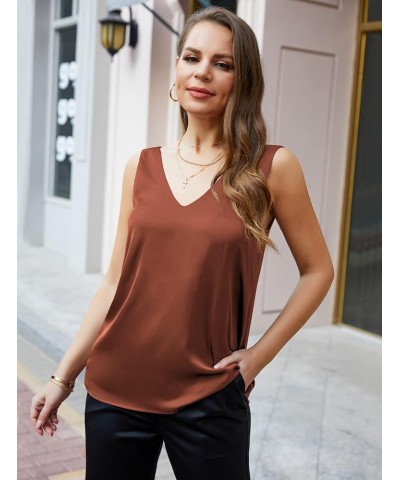 Womens Sleeveless Satin Tank Tops Cami V Neck Camisole Summer Tank Blouse 11brown $9.59 Tanks