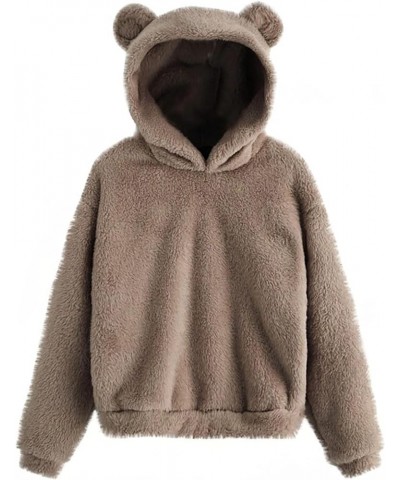 Women's Cute Teddy Bear Ears Fleece Hoodie Sweatshirt Long Sleeve Warm Plush Pullover Top with Pockets 2_khaki $12.00 Hoodies...