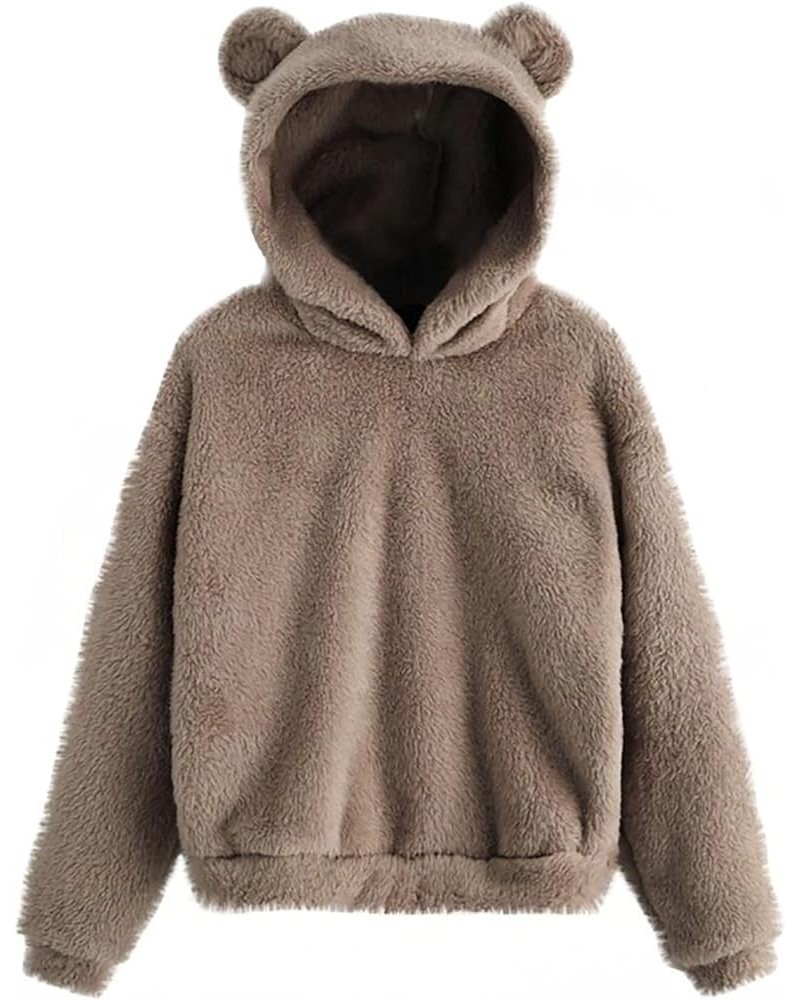 Women's Cute Teddy Bear Ears Fleece Hoodie Sweatshirt Long Sleeve Warm Plush Pullover Top with Pockets 2_khaki $12.00 Hoodies...