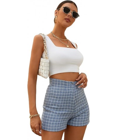 Women's Plaid Print High Waist Straight Leg Elegant Workout Shorts Blue $11.75 Shorts