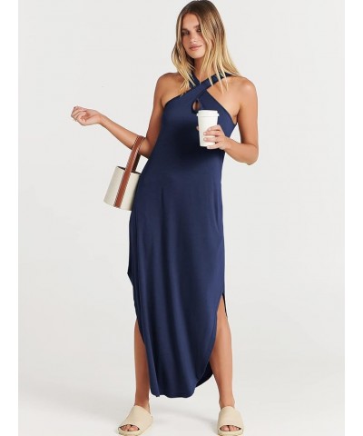 Women’s Casual Summer Maxi Dress Criss Cross Slit Side Sleeveless Loose Beach Long Sundress with Pockets Navy Blue $16.77 Dre...