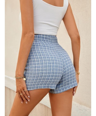 Women's Plaid Print High Waist Straight Leg Elegant Workout Shorts Blue $11.75 Shorts