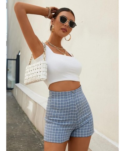 Women's Plaid Print High Waist Straight Leg Elegant Workout Shorts Blue $11.75 Shorts