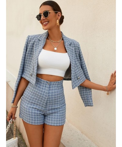 Women's Plaid Print High Waist Straight Leg Elegant Workout Shorts Blue $11.75 Shorts