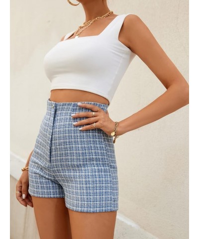 Women's Plaid Print High Waist Straight Leg Elegant Workout Shorts Blue $11.75 Shorts