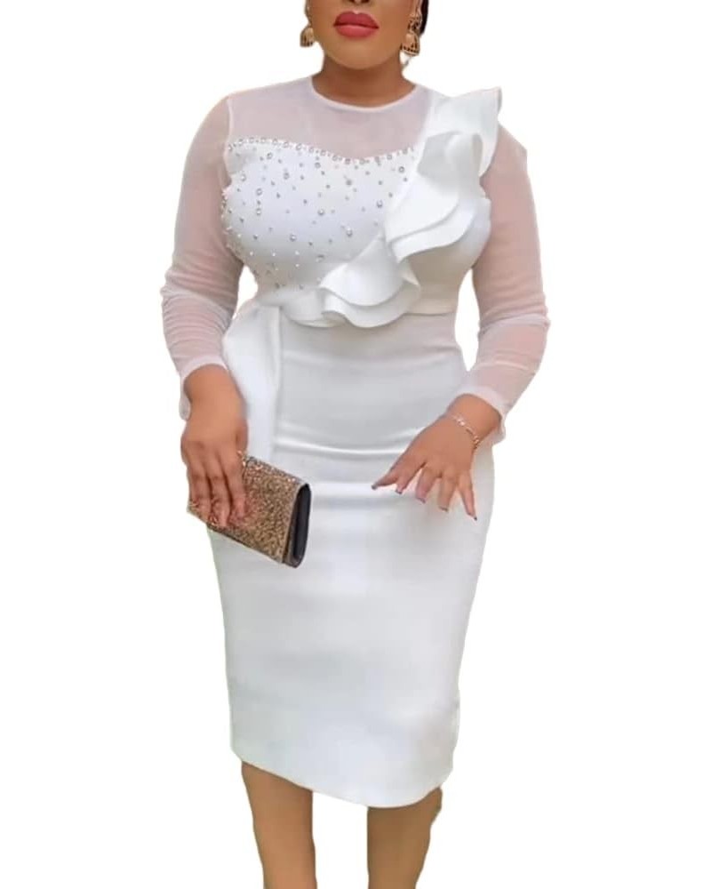 Women's Mesh Long Sleeve Bead Patchwork Ruffles Peplum Bodycon Midi Dress White $22.78 Dresses