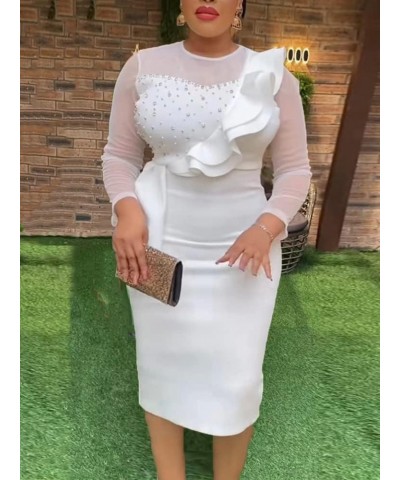 Women's Mesh Long Sleeve Bead Patchwork Ruffles Peplum Bodycon Midi Dress White $22.78 Dresses