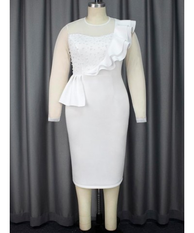 Women's Mesh Long Sleeve Bead Patchwork Ruffles Peplum Bodycon Midi Dress White $22.78 Dresses