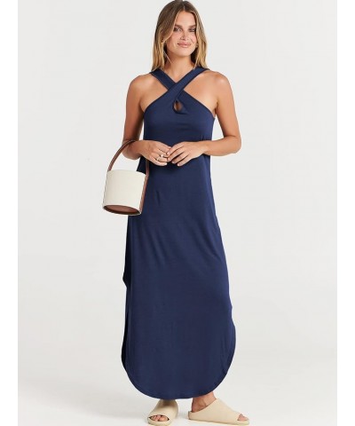 Women’s Casual Summer Maxi Dress Criss Cross Slit Side Sleeveless Loose Beach Long Sundress with Pockets Navy Blue $16.77 Dre...