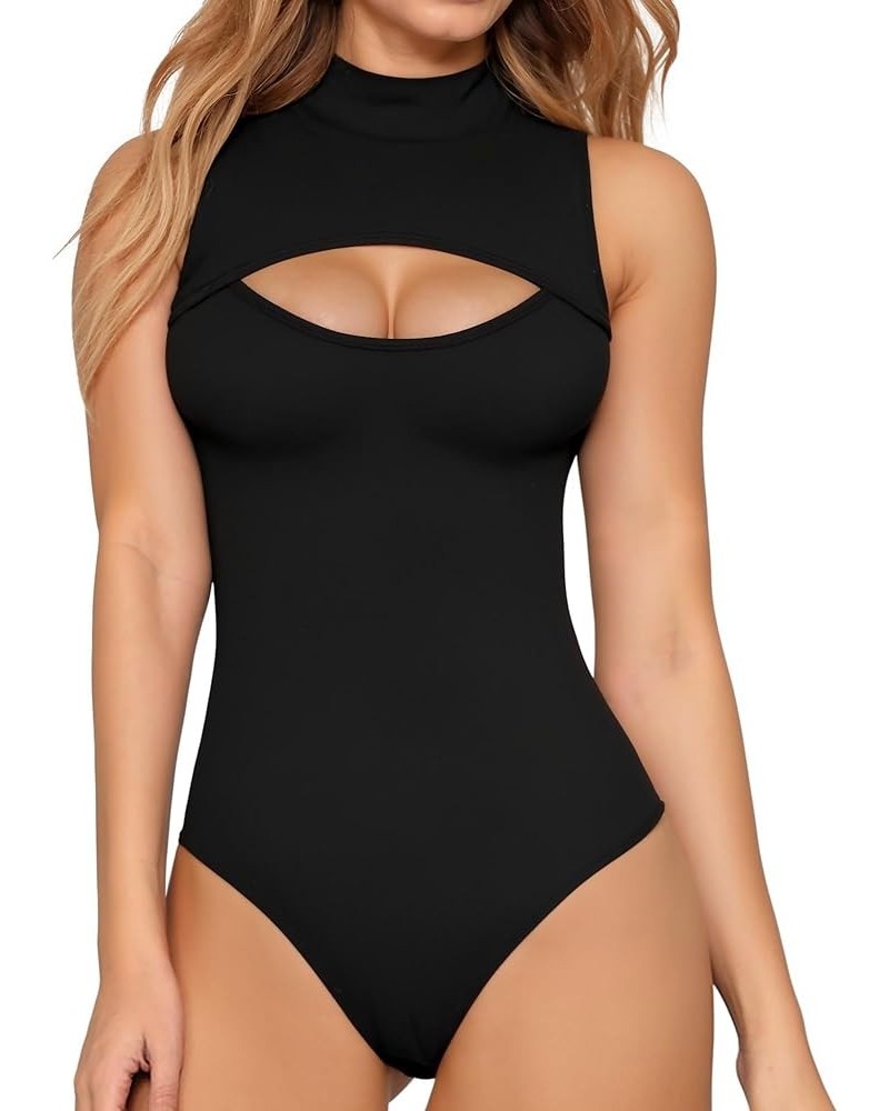 Mock Neck Cutout Front Bodysuit Sleeveless Body suit for Women T Shirt Tops A Black $13.24 Lingerie