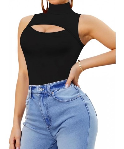 Mock Neck Cutout Front Bodysuit Sleeveless Body suit for Women T Shirt Tops A Black $13.24 Lingerie