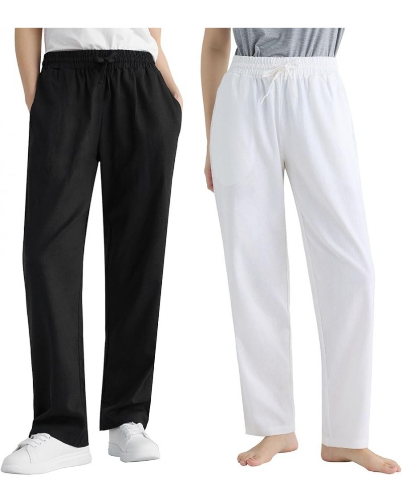 Women's Wide Leg Linen Pants with Pockets Black White 2 Pack $13.54 Pants