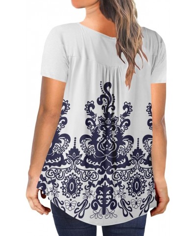 Womens Plus Size Tops Button Up Tunic Tops Floral Pleated Casual Long Sleeve Henley Shirts 531l-white Blue $13.24 Tops