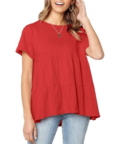 Women's Summer Short Sleeve Loose T Shirt High Low Hem Babydoll Peplum Tops Red $10.25 Tops