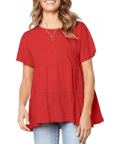 Women's Summer Short Sleeve Loose T Shirt High Low Hem Babydoll Peplum Tops Red $10.25 Tops