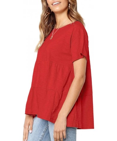 Women's Summer Short Sleeve Loose T Shirt High Low Hem Babydoll Peplum Tops Red $10.25 Tops