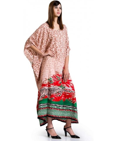 Women Kaftan Dress Floral Tunic Maxi Kimono Long Caftan Nightdress Beach Polyester Party Casual Dress Brown $12.46 Swimsuits