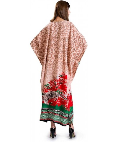 Women Kaftan Dress Floral Tunic Maxi Kimono Long Caftan Nightdress Beach Polyester Party Casual Dress Brown $12.46 Swimsuits