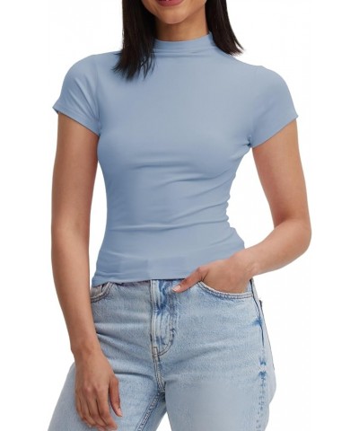 Womens Short Sleeve/Sleeveless Mock Turtleneck Stretch Fitted Underscrubs Layer Tee Tops Short Sleeve Crop Sky Blue $12.41 T-...