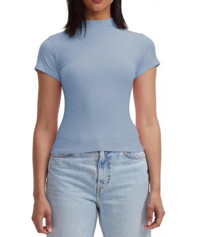 Womens Short Sleeve/Sleeveless Mock Turtleneck Stretch Fitted Underscrubs Layer Tee Tops Short Sleeve Crop Sky Blue $12.41 T-...