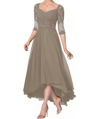 Tea Length Mother of The Bride Dresses for Wedding Lace Appliques High Low Formal Dress with 3/4 Sleeves Taupe $36.00 Dresses