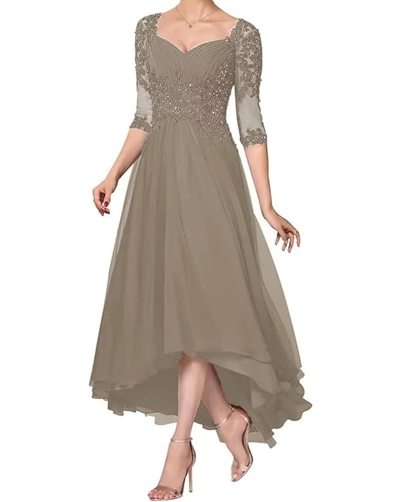 Tea Length Mother of The Bride Dresses for Wedding Lace Appliques High Low Formal Dress with 3/4 Sleeves Taupe $36.00 Dresses