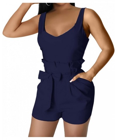 Women's Casual Straps Rompers Sexy Adjustable Sleeveless Straight High Waist Plain Jumpsuits Navy $16.51 Dresses