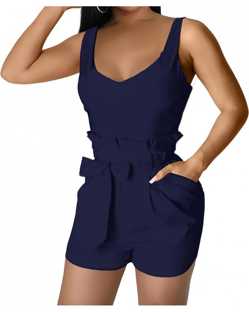 Women's Casual Straps Rompers Sexy Adjustable Sleeveless Straight High Waist Plain Jumpsuits Navy $16.51 Dresses