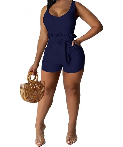 Women's Casual Straps Rompers Sexy Adjustable Sleeveless Straight High Waist Plain Jumpsuits Navy $16.51 Dresses