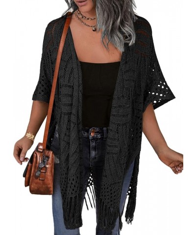 Womens Knit Cardigan Open Front Outwear Hollow Out Crochet Tassel Lightweight Kimonos Sweater S-XXL Black $15.17 Sweaters