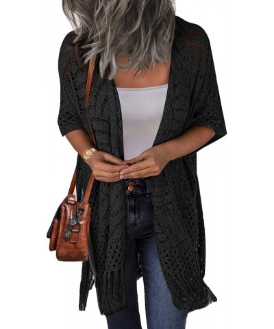 Womens Knit Cardigan Open Front Outwear Hollow Out Crochet Tassel Lightweight Kimonos Sweater S-XXL Black $15.17 Sweaters