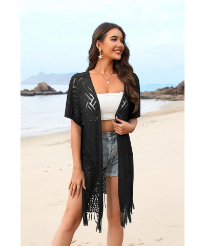 Womens Knit Cardigan Open Front Outwear Hollow Out Crochet Tassel Lightweight Kimonos Sweater S-XXL Black $15.17 Sweaters